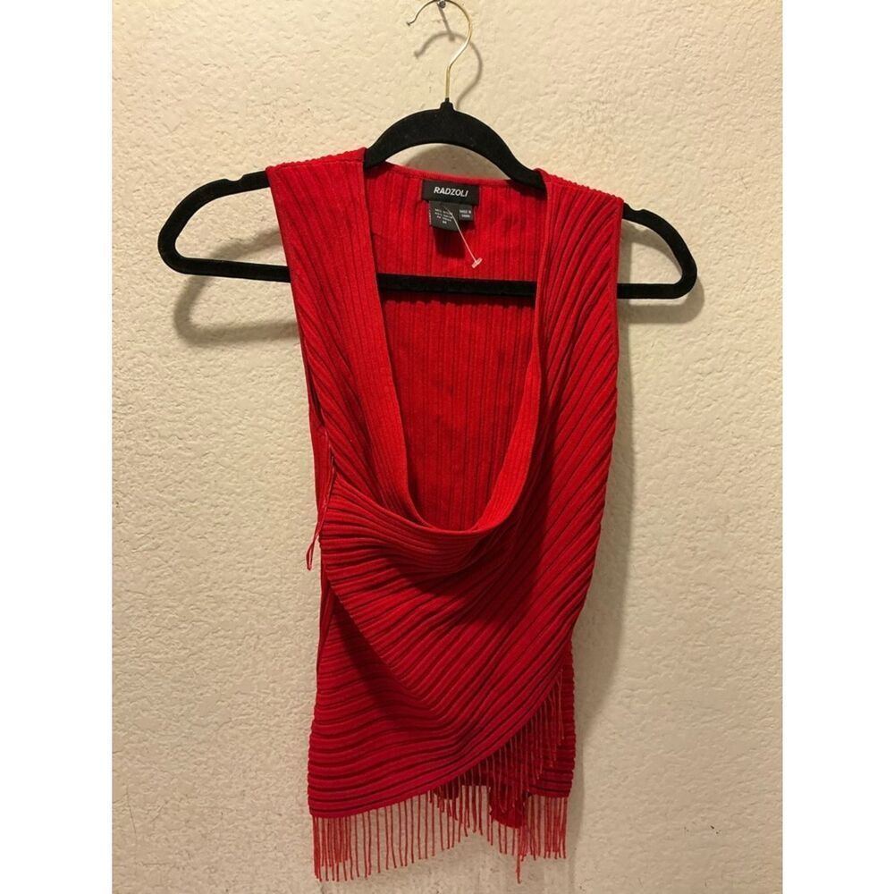 Radzoli Vibrant Red Ribbed Sleeveless Top with Fringe Accent